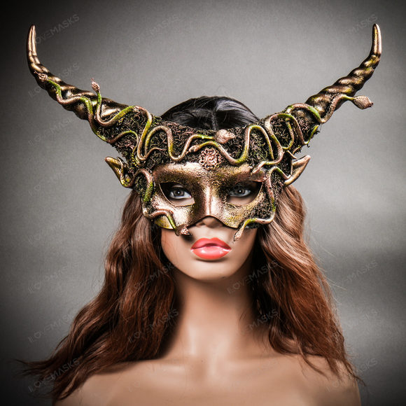 Krampus Horn Woodland Medusa Snake Animal Devil Masquerade Mask - Gold - Picture 9 of 10